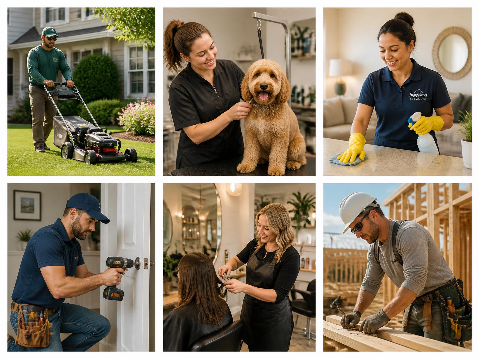 Collage of small US service businesses: landscaper, dog groomer, cleaner, handyman, beauty salon, contractor